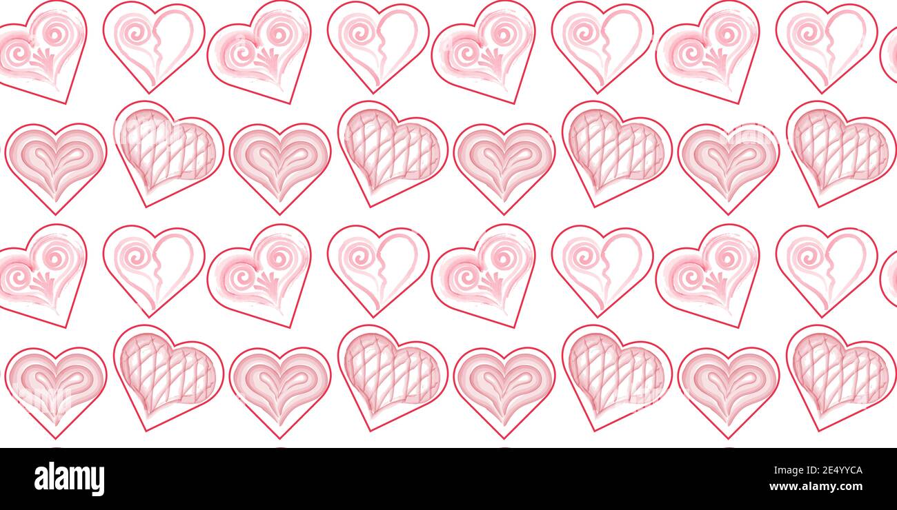 L'astrazione acquerello dei cuori carini rossi e rosa su uno sfondo bianco. Illustrazione con cuori in amore concetto per il design festivo.modello senza giunture Foto Stock