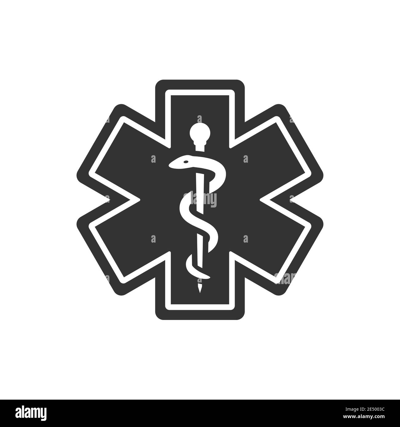 Simbolo del vettore di pronto soccorso medico di emergenza. Rod of asclepio o esculapio con serpente, icona ems. Illustrazione Vettoriale