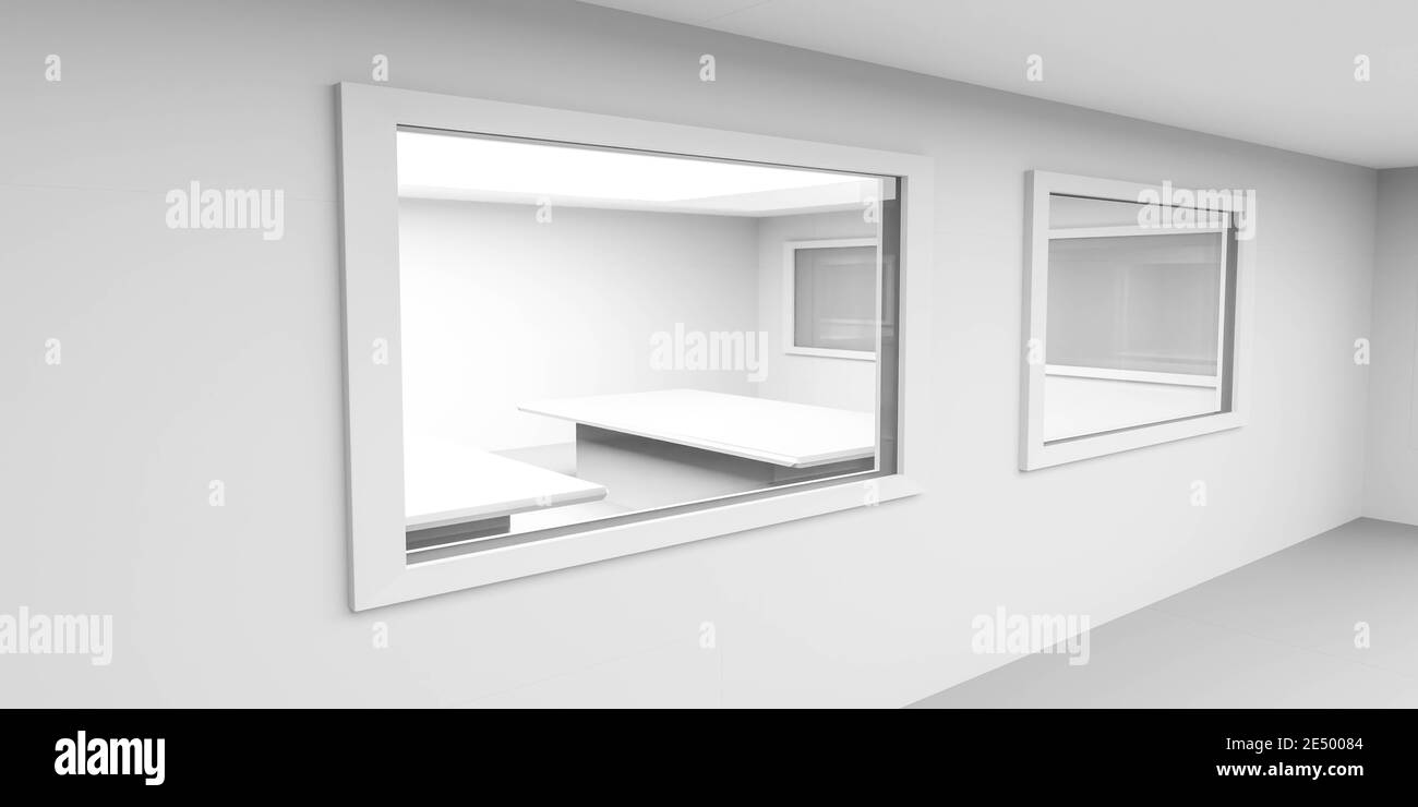 moderno edificio di laboratorio bianco con finestre e spazio da lavoro illustrazione del rendering 3d Foto Stock