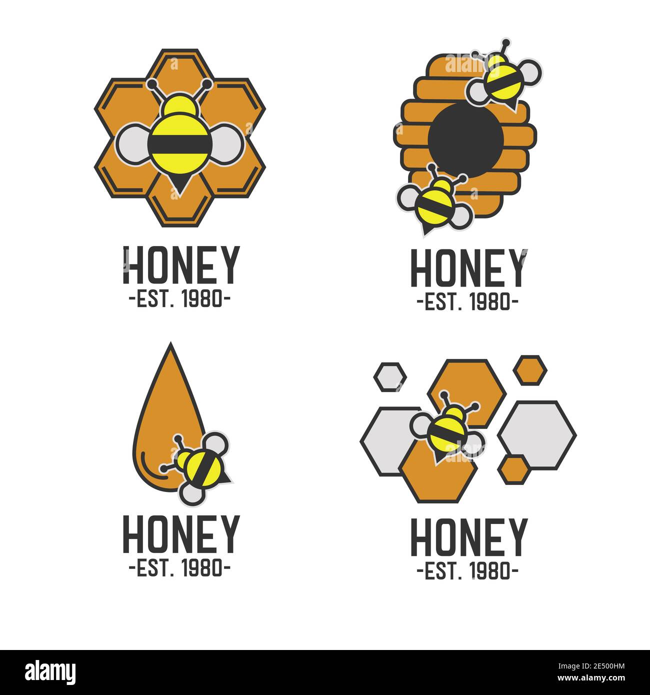 Logo miele stile piatto con ape isolato su bianco. Logo natura icona alimentare design. Impostare il logotipo biologico giallo dolce miele con nido d'ape e ape piccola Illustrazione Vettoriale