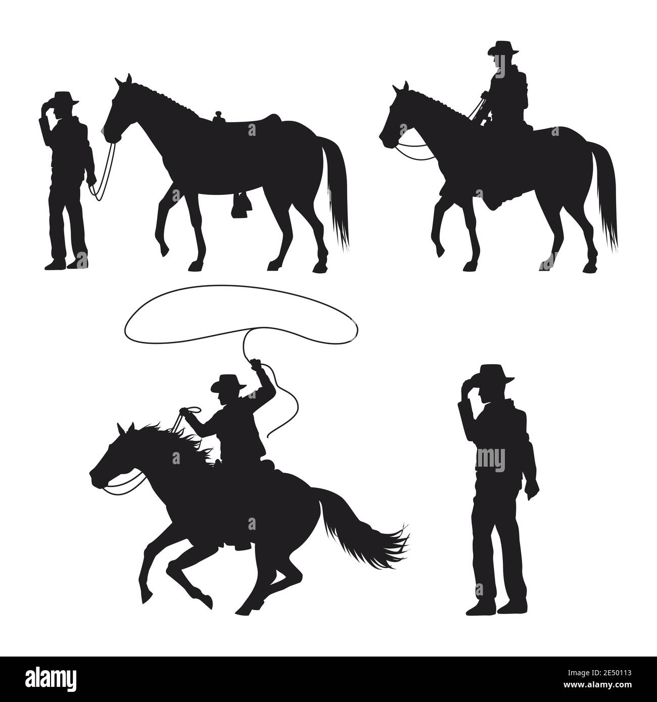 silhouette cowboys con disegno vettoriale di pistole e cavalli Illustrazione Vettoriale