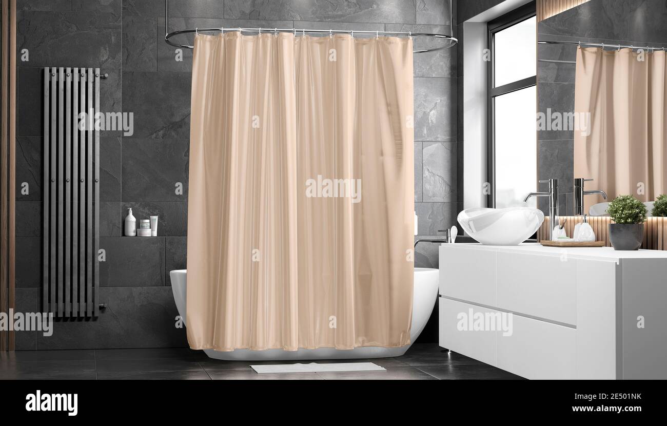 Blank beige tenda doccia chiusa mockup, vista frontale, rendering 3d.  Copertura vuota in poliestere cieco per vasca da bagno o ripostiglio.  Otturatore in tessuto trasparente Foto stock - Alamy