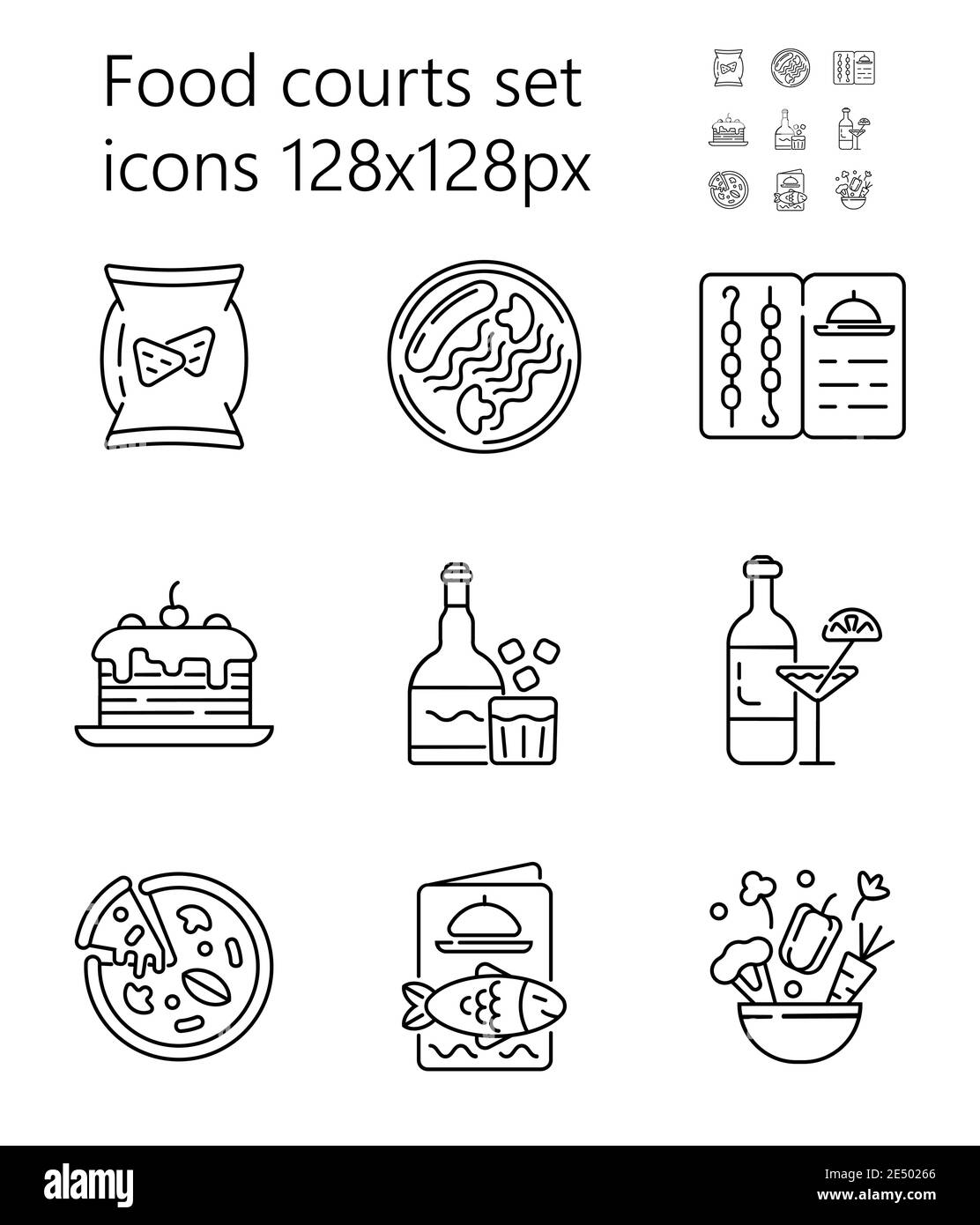 Vettore di set di icone di food Court. Vengono mostrate pizza, alcol, bevande. Grill, pesce, menu di pesce. Spuntini, insalate, tortine sono presentati in stile contorno. Illustrazione Vettoriale