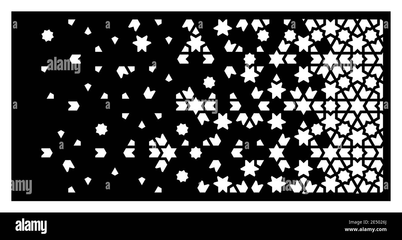 Schema laser arabesco CNC. Pannello decorativo vettoriale per taglio laser. Modello cnc Arabesque per pannelli interni ed esterni. Rapporto 1 a 2. Illustrazione Vettoriale