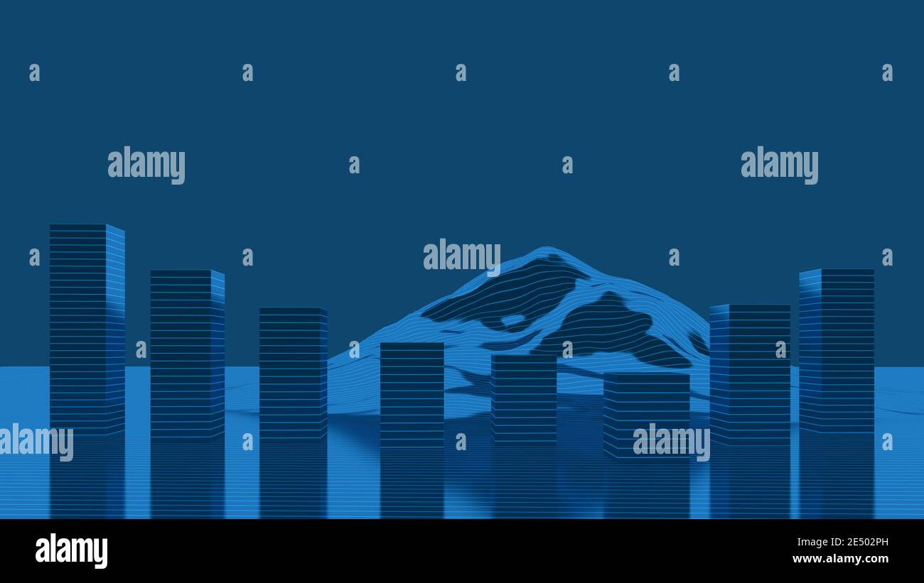 blu favoloso paesaggio con montagna e colonne. rendering 3d Foto Stock
