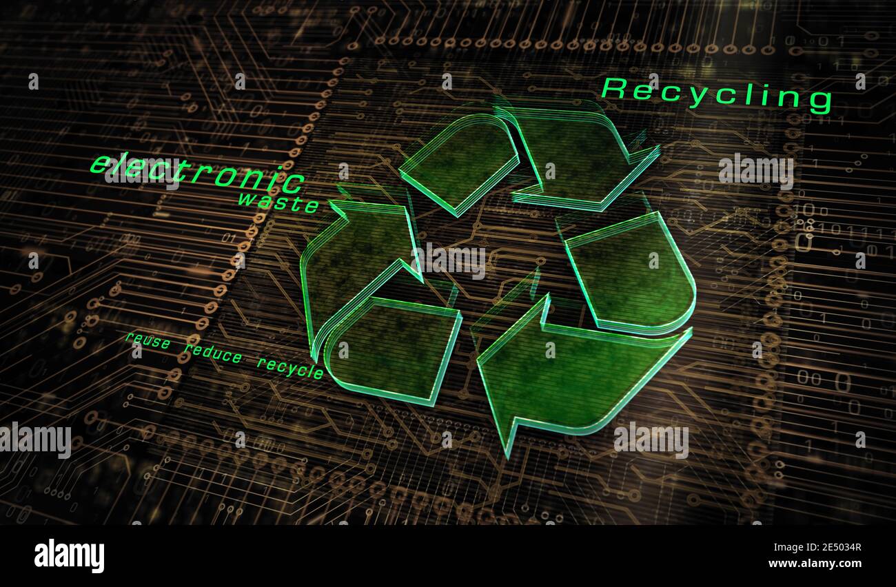 Simbolo del riciclaggio, ambiente, ecologia, riduzione dei rifiuti elettronici, tecnologia ecologica e icona del settore. Illustrazione del rendering del concetto di simbolo 3d astratto. Foto Stock