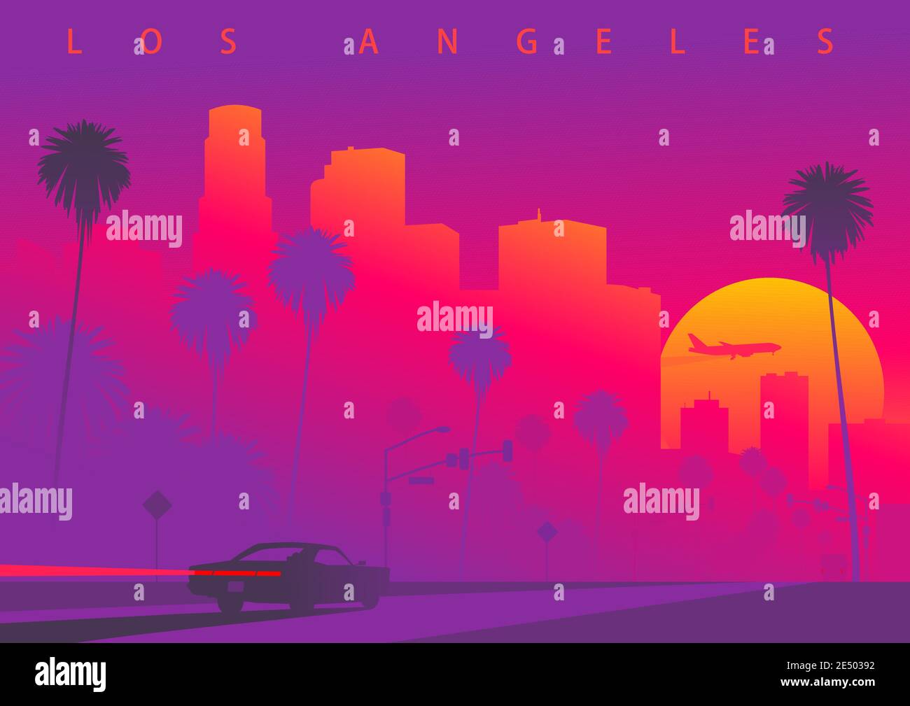 Paesaggio urbano di Los Angeles durante il tramonto con il sole enorme. Un'auto sta guidando verso il centro DI LOS ANGELES. Illustrazione vettoriale colorata Illustrazione Vettoriale