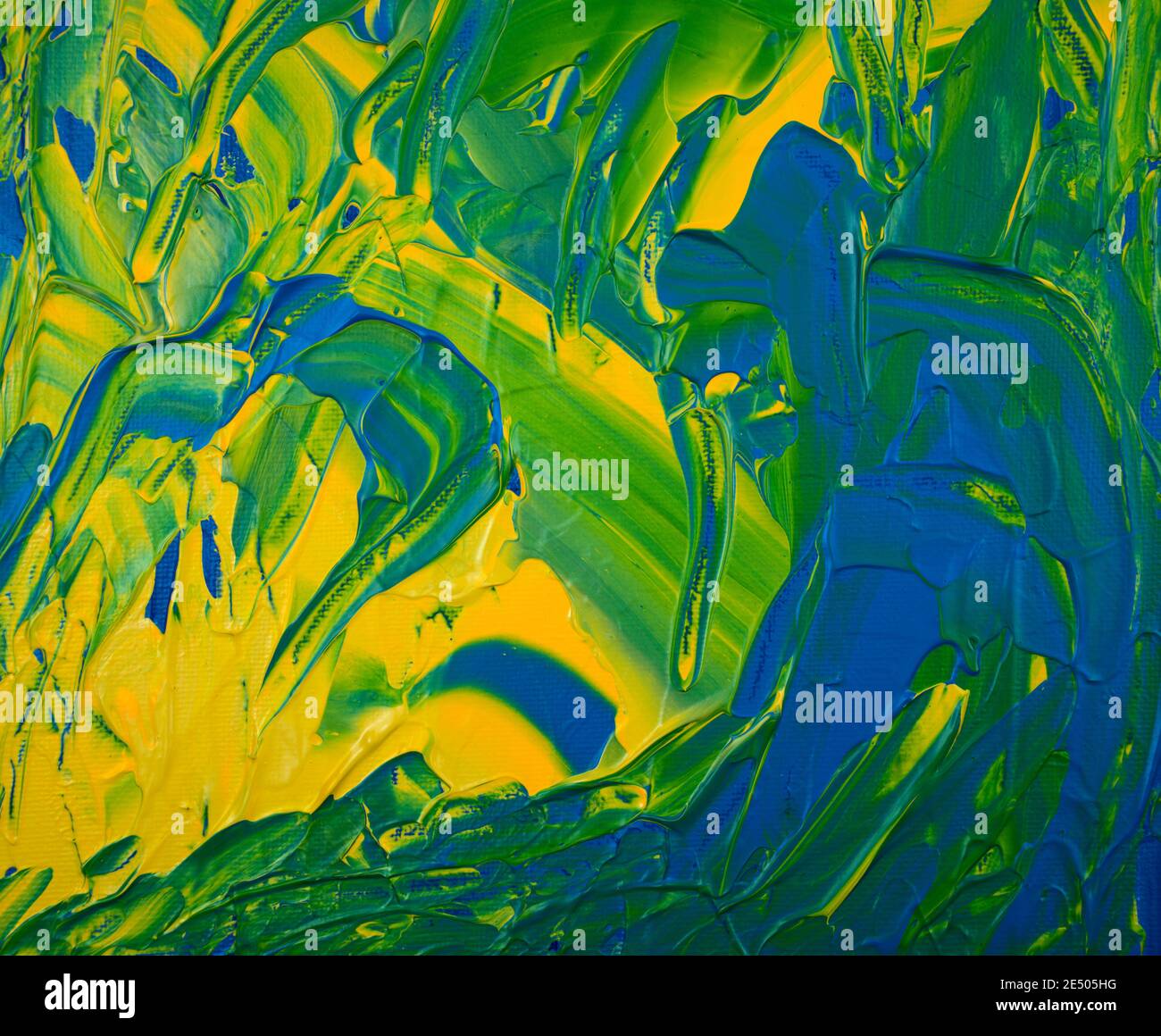 Astratto sfondo irregolare. Tessuto di cazzuola verniciato. Colori giallo acrilico, blu, verde su tela. Fatto a mano, disegnato a mano. Belle arti, opere d'arte. Moderno. Foto Stock