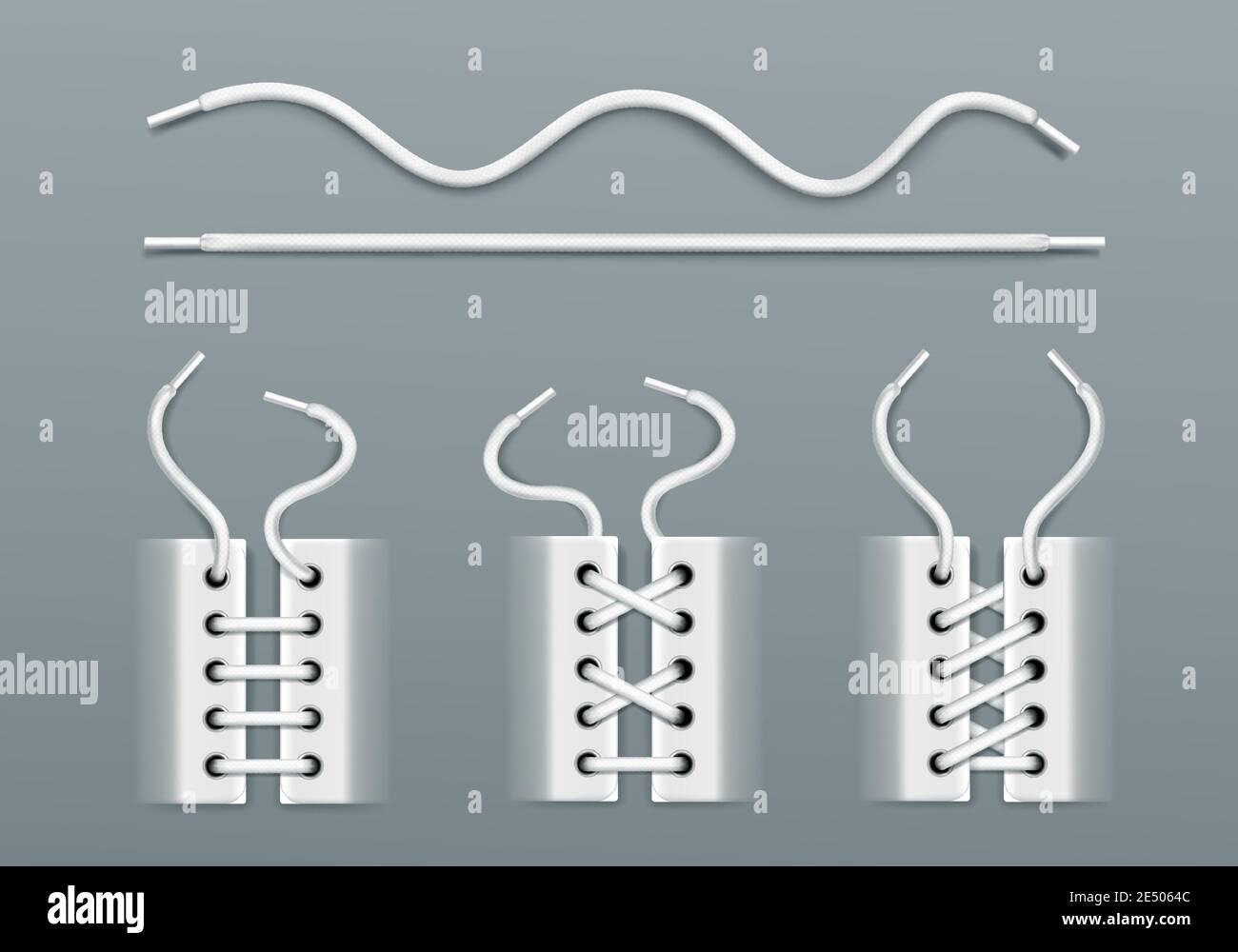 Scarpe bianche, allacciatura con corde in sneakers diversi modi. Serie vettoriale realistica di corde, stivali o scarpe con corde di calzature ondulate e dritte con corde isolate su sfondo grigio Illustrazione Vettoriale
