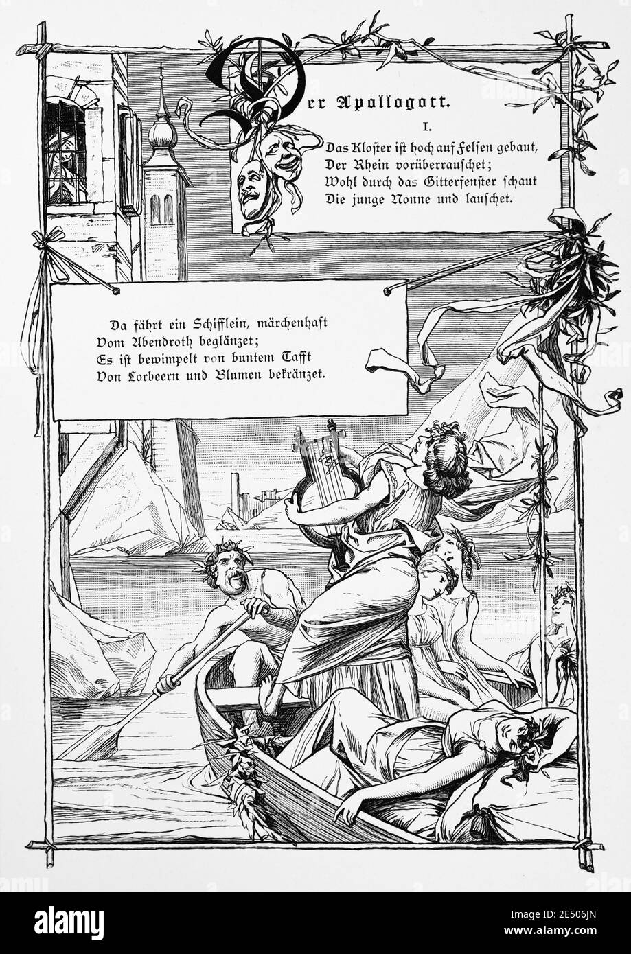 Illustrazione di Heine´s poema 'Der Apollogott' o il Dio Apollo, scrittore e poeta tedesco Heinrich Heine, poesia raccolta Romancero, 1880 Foto Stock