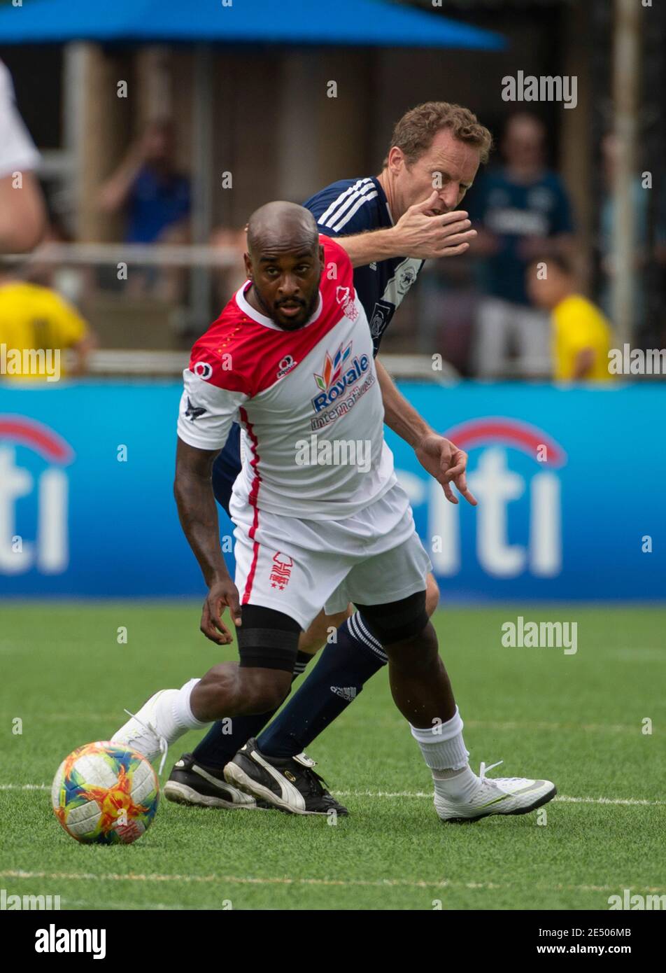 HONG KONG, HONG KONG SAR, CINA: 18 MAGGIO 2019. HKFC Citi Soccer Sevens Hong Kong.Citi All Stars vs Singapore Cricket Club. Nottingham Forest Mobsters / Foto Stock