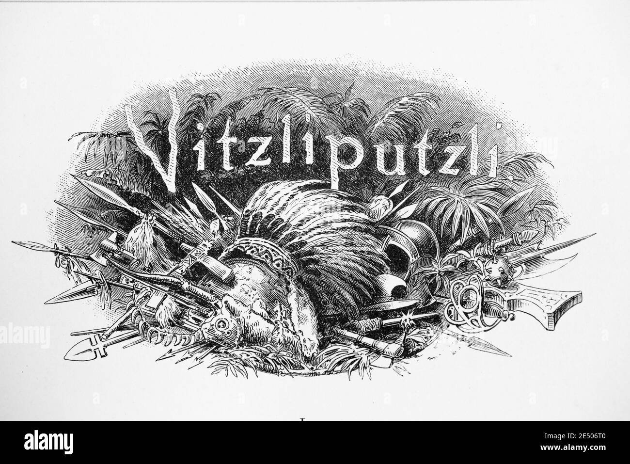 Illustrazione del poema di Heine´s 'Vitzliputzli' o Huītzilōpōchtli, una divinità nella mitologia azteca, poeta tedesco H.Heine, collezione di poemi Romancero, 1880 Foto Stock