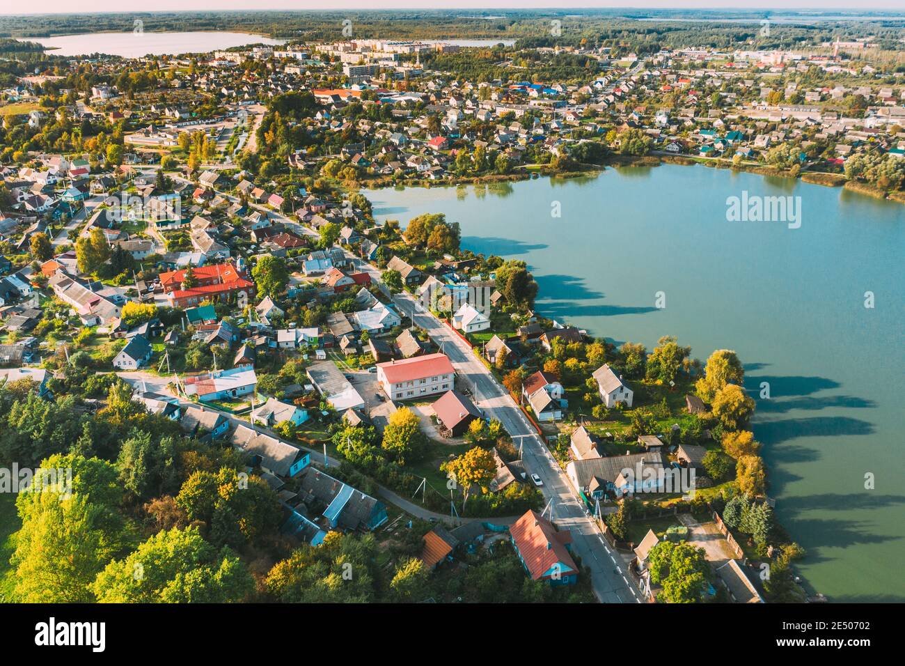 Braslav, distretto di Braslaw, Bielorussia. Vista aerea della città. Laghi famosi Foto Stock