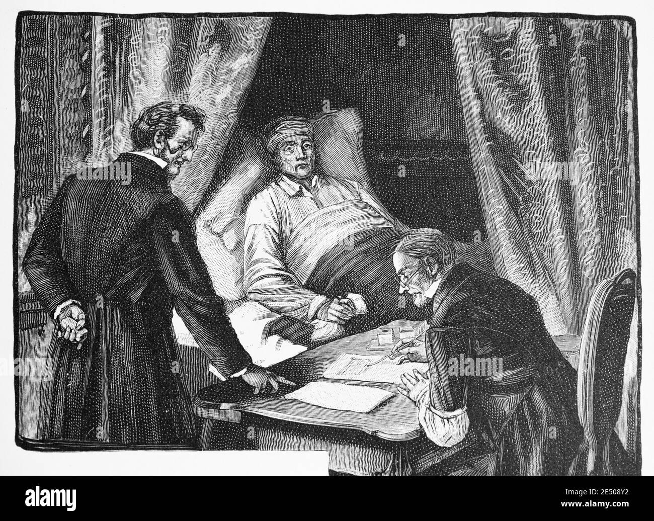 Illustrazione al poema di Heine´s 'Der Philanthrop' o un filantropo morente che ha lasciato morire sua sorella, poeta Heinrich Heine, collezione Romancero, 1880 Foto Stock