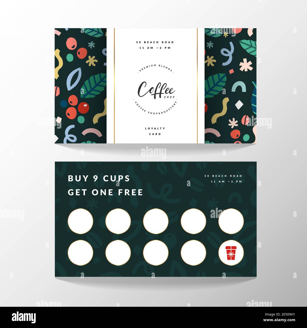 Carta da caffè, carta fedeltà per caffetteria con posto per la raccolta di francobolli, modello vettoriale con logo e illustrazioni a forma di doodle, design moderno e semplice Illustrazione Vettoriale