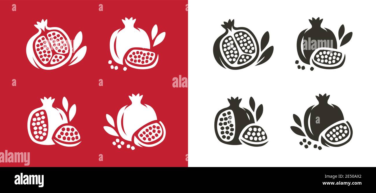 Set di icone di frutta alla melagrana. Vettore simbolo alimento naturale Illustrazione Vettoriale