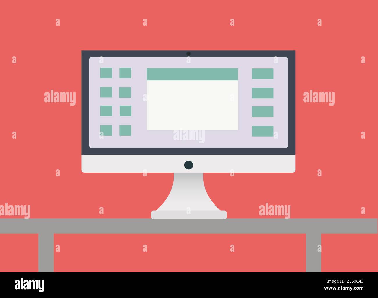 Notebook bianco con postazione di lavoro su sfondo rosa. Illustrazione Vettoriale