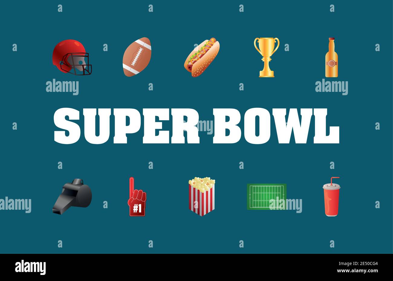scritta super bowl con pacchetto di dieci icone illustrazione vettoriale design Illustrazione Vettoriale