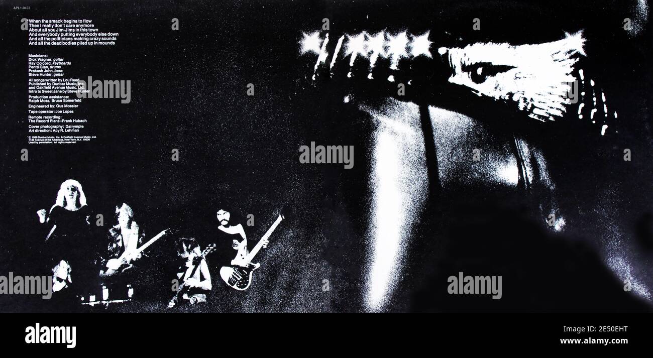 Lou Reed: 1974. LP copertura interna totale: Rock N Roll Animal Foto Stock