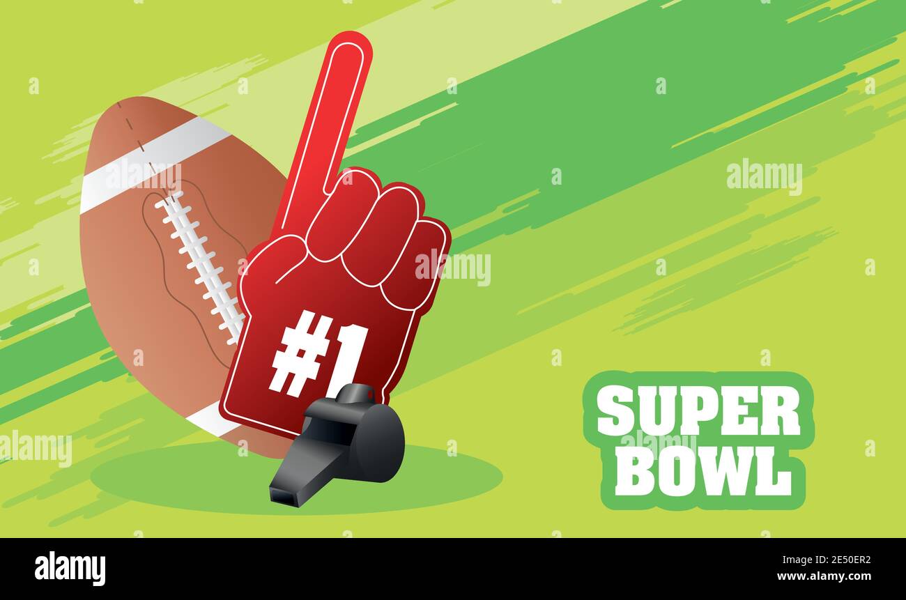 scritta super bowl con primo guanto e immagine vettoriale palloncino design Illustrazione Vettoriale