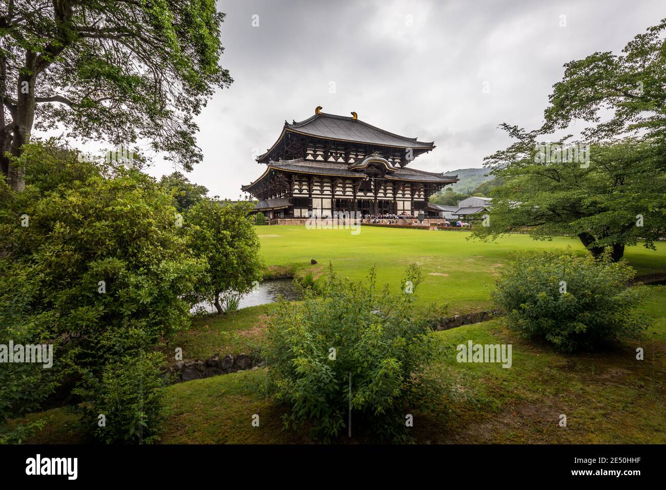 Vista grandangolare del tempio Todai-ji e del suo verde dintorni in una giornata estiva piovosa Foto Stock