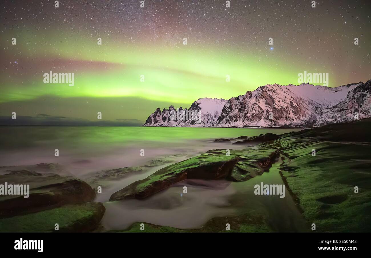 Aurora Borealis, Devi denti montagne sullo sfondo e l'oceano. Isola di Senja, Norvegia Foto Stock