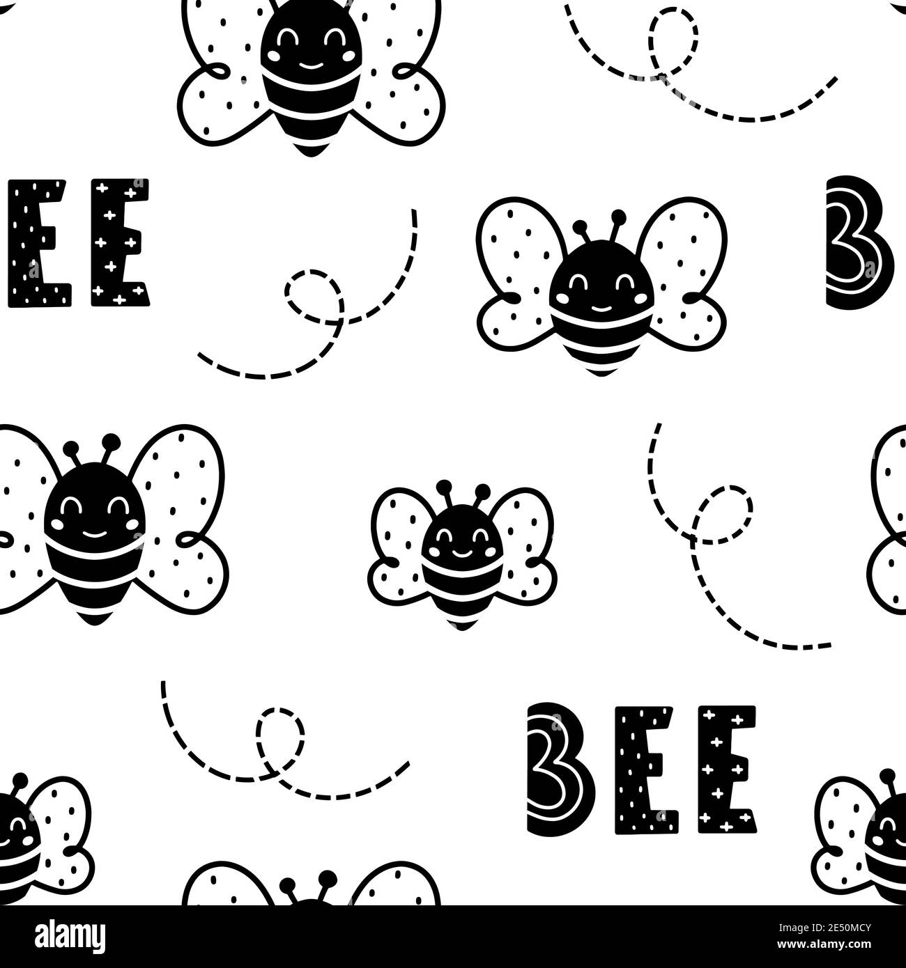 Motivo senza giunture monocolore con api nere e scritte isolate su sfondo bianco. Illustrazione vettoriale in stile scandinavo disegnata a mano. Illustrazione Vettoriale