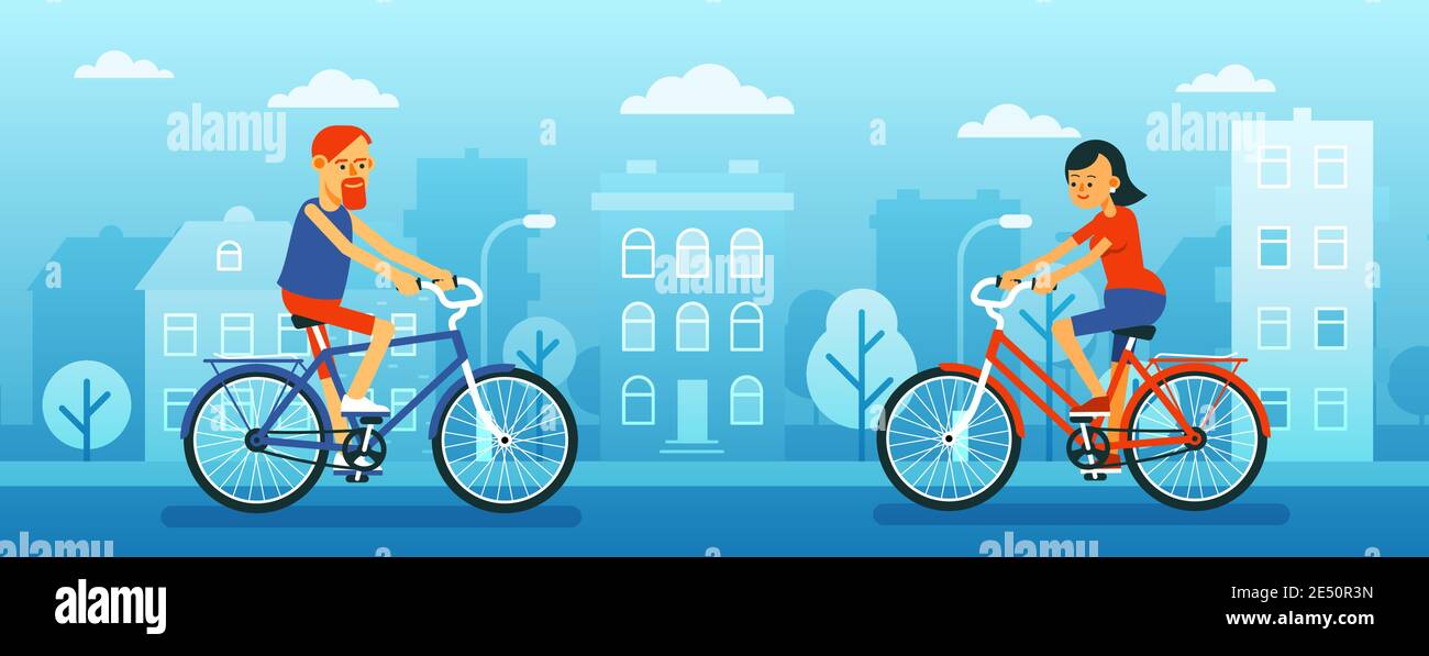 L'uomo e la donna si dirigono in bicicletta attraverso la città l'uno verso l'altro Illustrazione Vettoriale L'uomo e la donna si dirigono in bicicletta attraverso la città l'uno verso l'altro Illustrazione Vettoriale