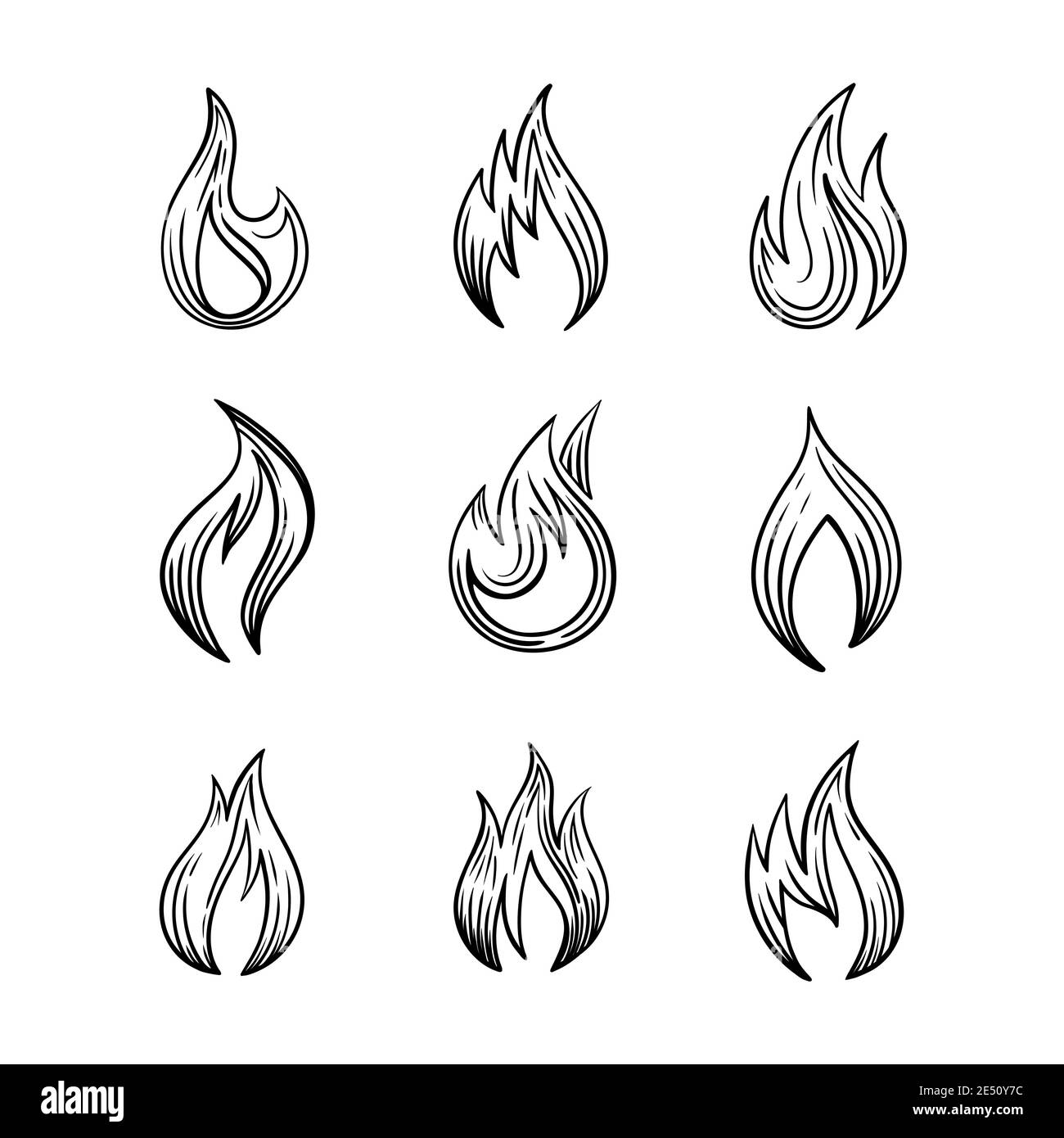 Icone di fuoco con e spurts di Flame Vector Set di segni monocromatici in inchiostro disegno a mano stile di disegno per tatuaggio o disegno di stampa. Illustrazione Vettoriale