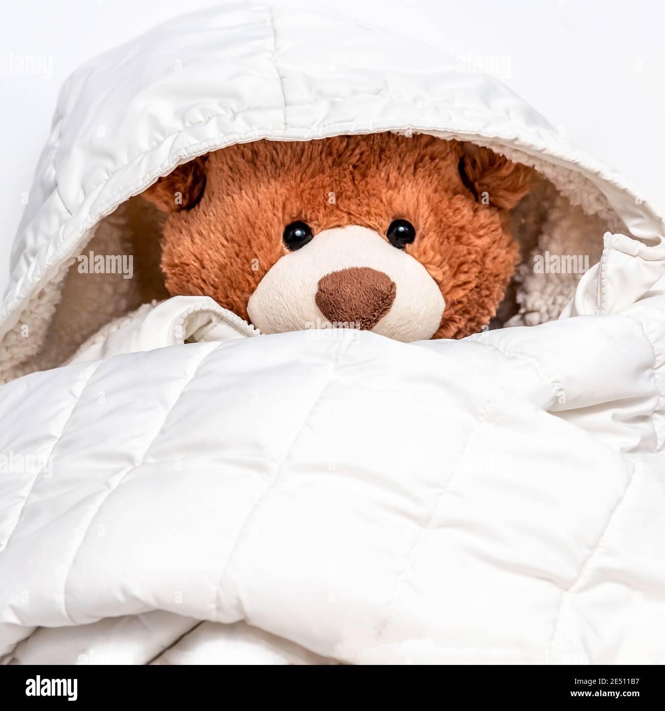 Peluche giocattolo imbottito vestito in grandi jaket bianchi. Morbido orsacchiotto preparato per i freddi invernali o autunnali. Amore e cura, coccoloso per la scuola materna. Foto Stock