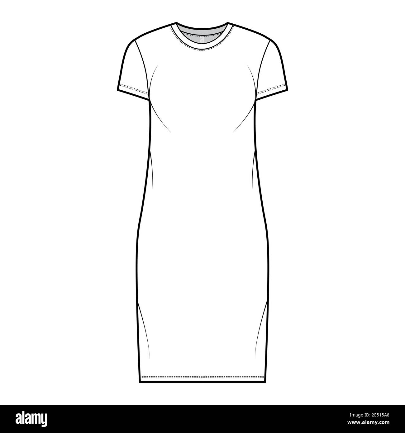 T-shirt abito illustrazione tecnica moda con collo equipaggio, maniche corte, lunghezza ginocchio, oversize, matita pienezza. Mascherina di abbigliamento piatta anteriore, colore bianco. Donne, uomini, unisex CAD mockup Illustrazione Vettoriale