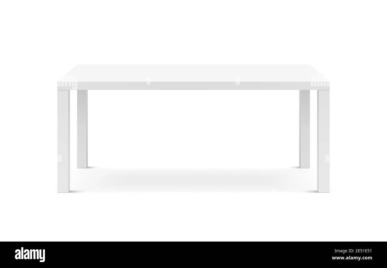 Tavolo bianco mockup. Moderna scrivania 3d con ombre morbide. Modello di design interno. Oggetto realistico e pulito per la presentazione o la pubblicità. Vettore Illustrazione Vettoriale