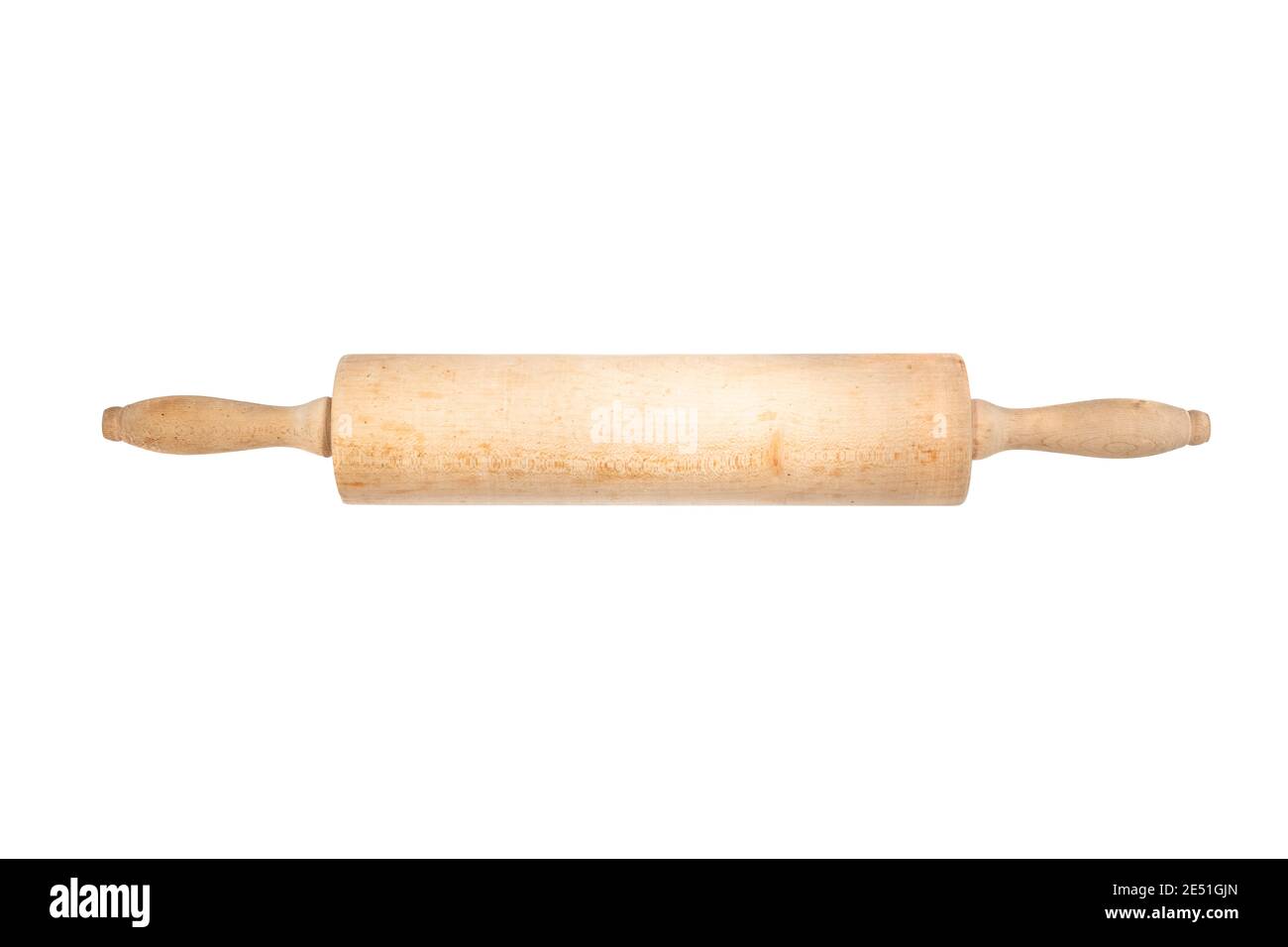 Rullo di pasta di legno isolato su sfondo bianco.Rolling pin per la cottura . Modello vintage ancora in uso. Foto Stock