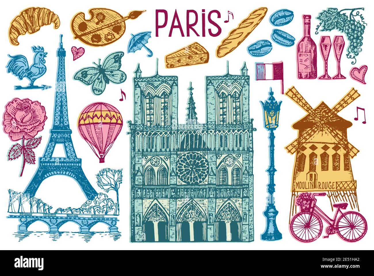 Parigi in stile retrò d'epoca. Francia, Torre eiffel ed edifici. Elementi doodle retrò. Illustrazione vettoriale. Schizzo retrò inciso disegnato a mano Illustrazione Vettoriale