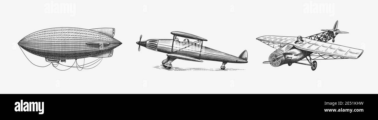 Velivolo passeggeri o aereo aereo. Nave aerea o zeppelin e dirigibile o blimp. Illustrazione del viaggio. Inciso a mano disegnato nel vecchio stile di schizzo Illustrazione Vettoriale