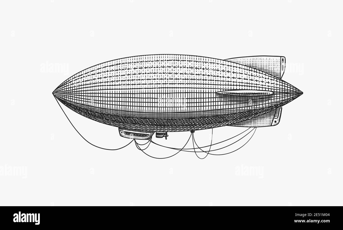 Nave aerea o zeppelin e dirigibile o blimp. Inciso a mano disegnato in vecchio stile di schizzo, trasporto vintage. Illustrazione Vettoriale
