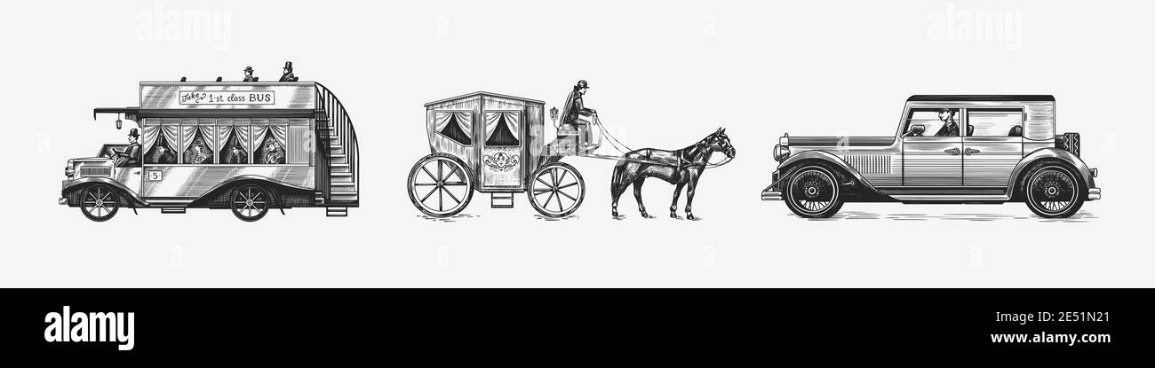 Auto d'epoca per cartello di servizio. Locomotiva o treno. Carrozza a cavallo. Coachman su un vecchio chariot vittoriano. Vecchio trasporto. Retro vecchia scuola auto Illustrazione Vettoriale
