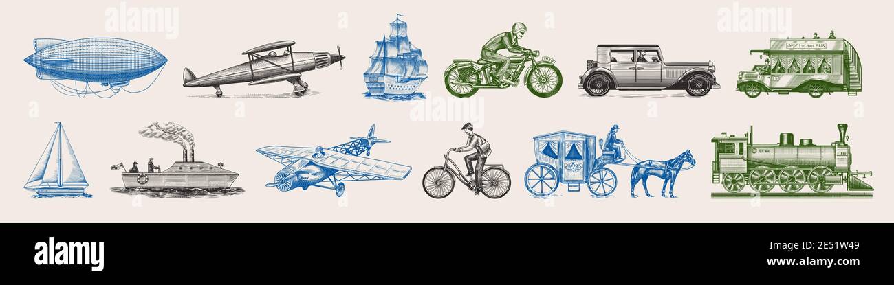 Sottomarino, barca e auto, moto, carrozza trainata da cavalli. Nave aerea o dirigibile, mongolfiera, aerei corncob, locomotiva. Inciso a mano disegnato in vecchio Illustrazione Vettoriale