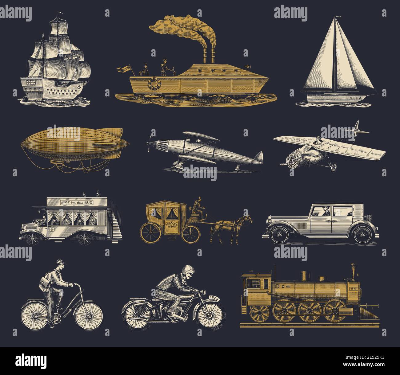 Sottomarino, barca e auto, moto, carrozza trainata da cavalli. Nave aerea o dirigibile, mongolfiera, aerei corncob, locomotiva. Inciso a mano disegnato in vecchio Illustrazione Vettoriale