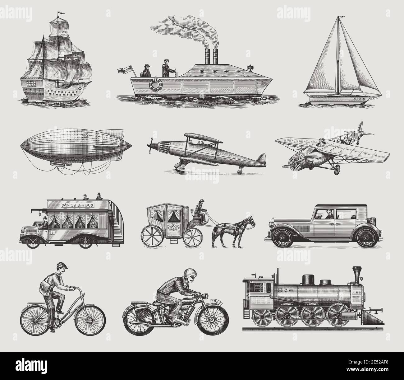 Sottomarino, barca e auto, moto, carrozza trainata da cavalli. Nave aerea o dirigibile, mongolfiera, aerei corncob, locomotiva. Inciso a mano disegnato in vecchio Illustrazione Vettoriale