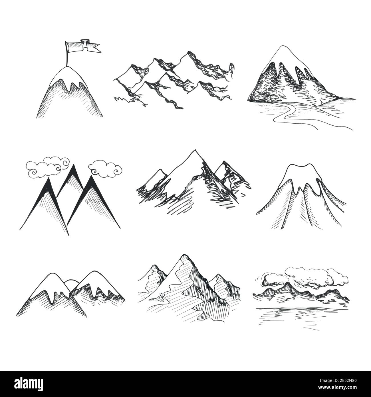 Disegnata a mano snow ice mountain tops icone decorativo isolato illustrazione vettoriale Illustrazione Vettoriale