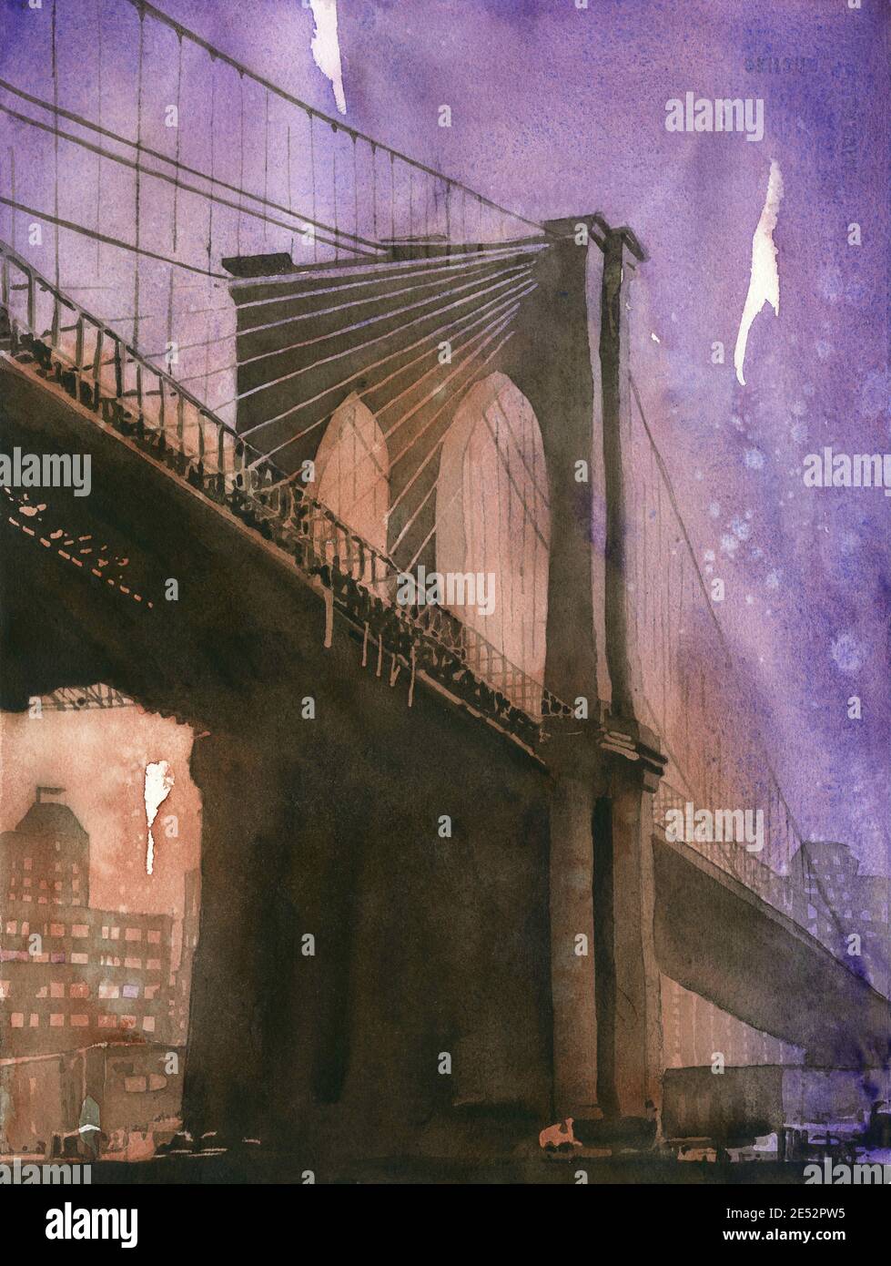 Ponte di Brooklyn e Manhattan a New York, Stati Uniti. Dipinto ad acquerello Brooklyn Bridge skyline di New York Foto Stock