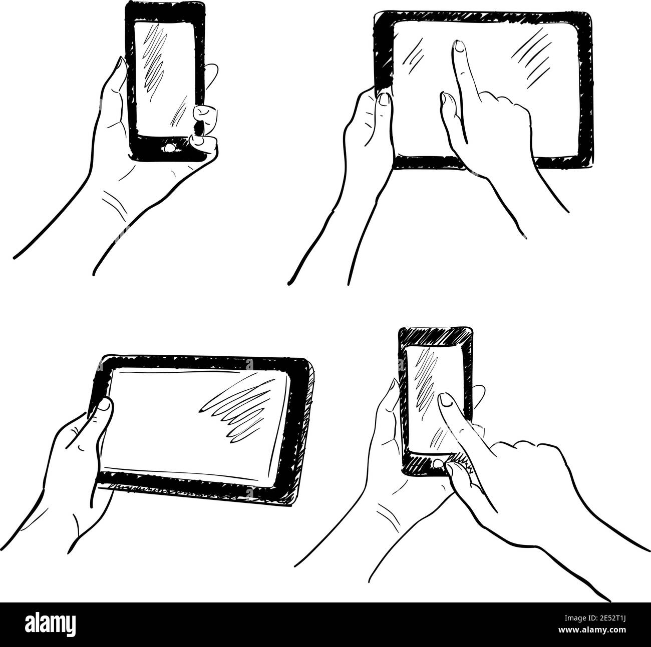 Gesti con le mani tenendo lo smartphone touchscreen tablet sketch impostare isolato illustrazione vettoriale Illustrazione Vettoriale