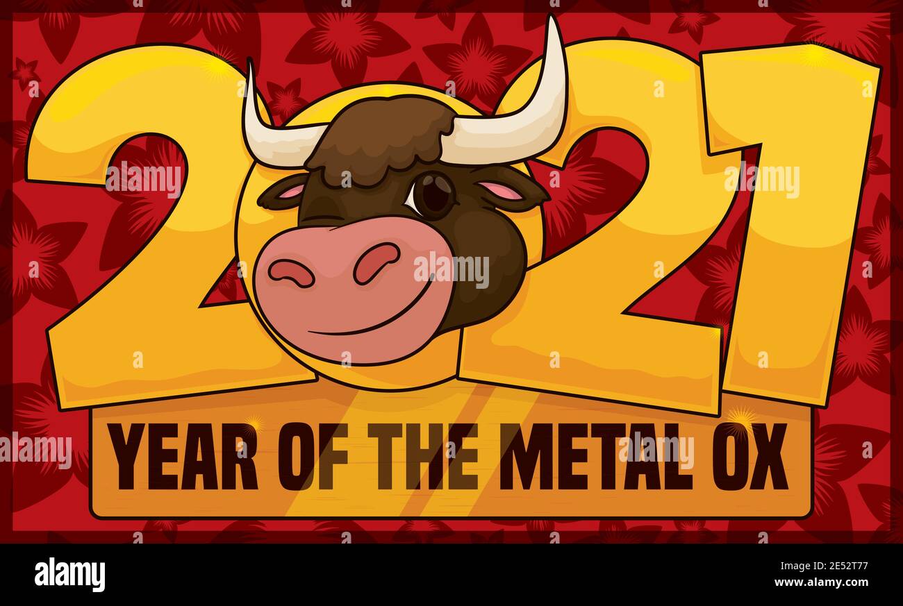 Smiling ox, celebrando il suo anno zodiacale secondo l'astrologia cinese nel 2021: L'anno del metallo bue su sfondo floreale. Illustrazione Vettoriale