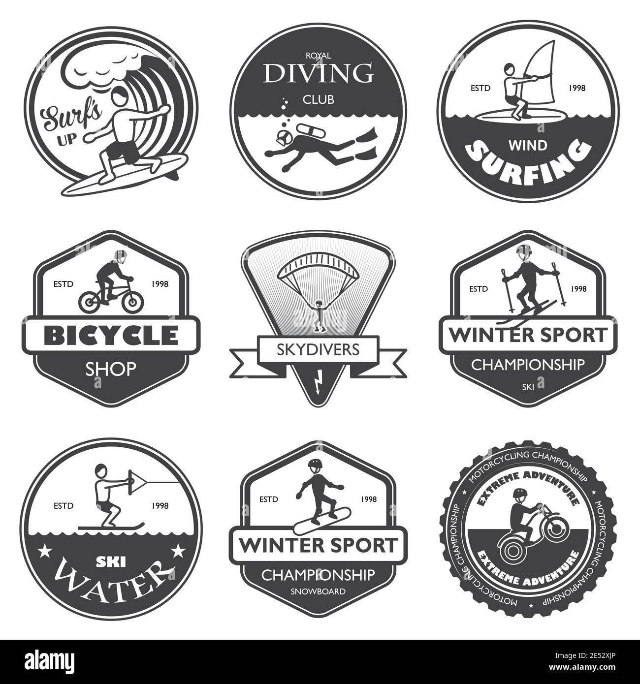 Vacanza viaggio Extreme sport etichette set di rafting di fondo illustrazione vettoriale di arrampicata e snowboard Illustrazione Vettoriale