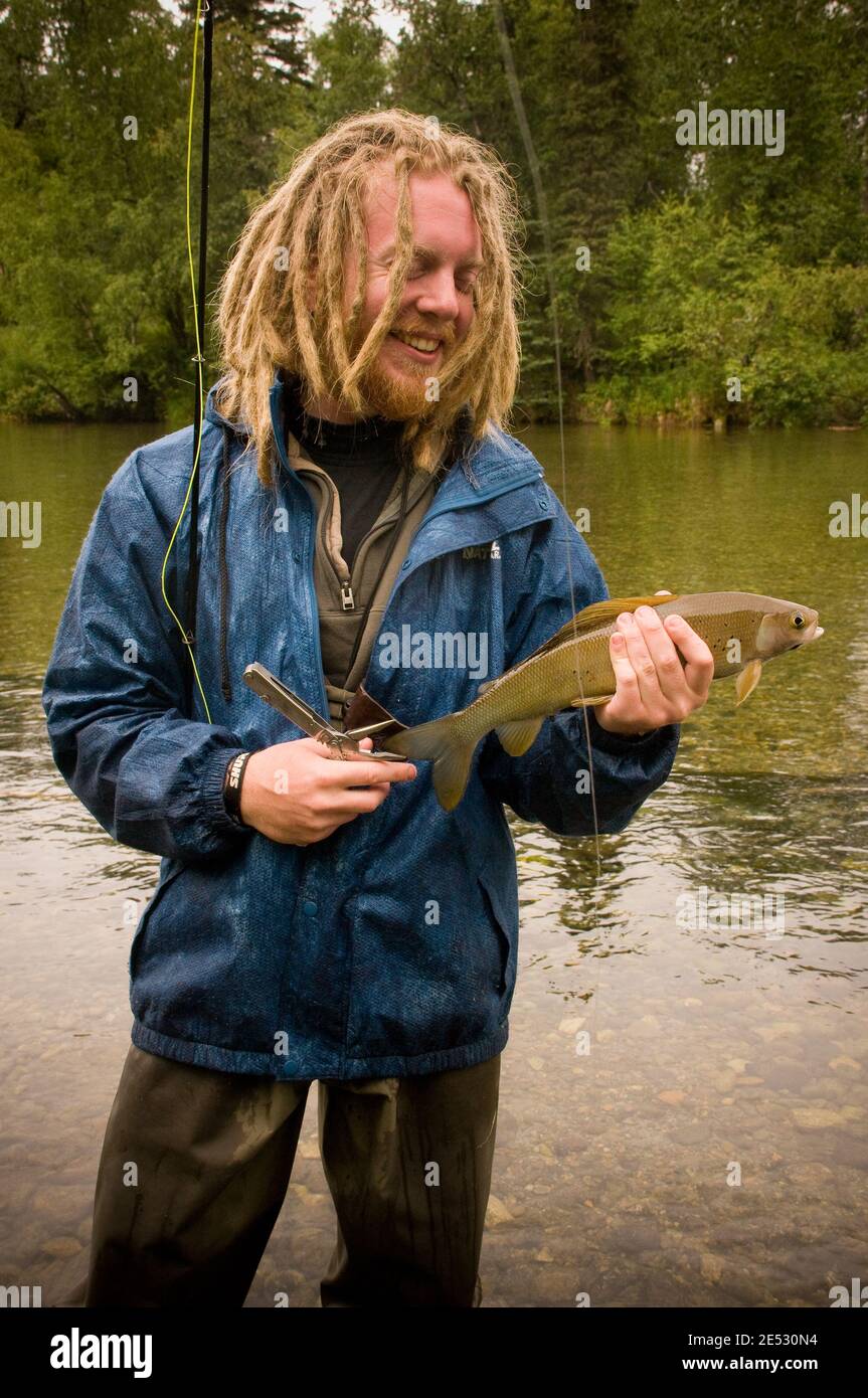 Questo orgoglioso pescatore sta ammirando la sua cattura di Grigio Artico Vicino al fiume Kijik, vicino al parco nazionale del lago Clark, Alaska Foto Stock