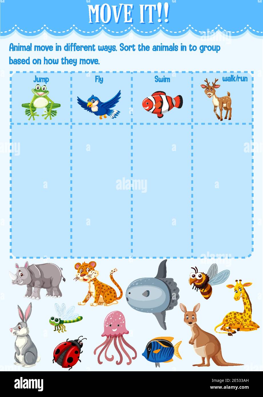 Ordinare l'animale nel gruppo in base a come spostare il foglio di lavoro per l'illustrazione dell'asilo Illustrazione Vettoriale