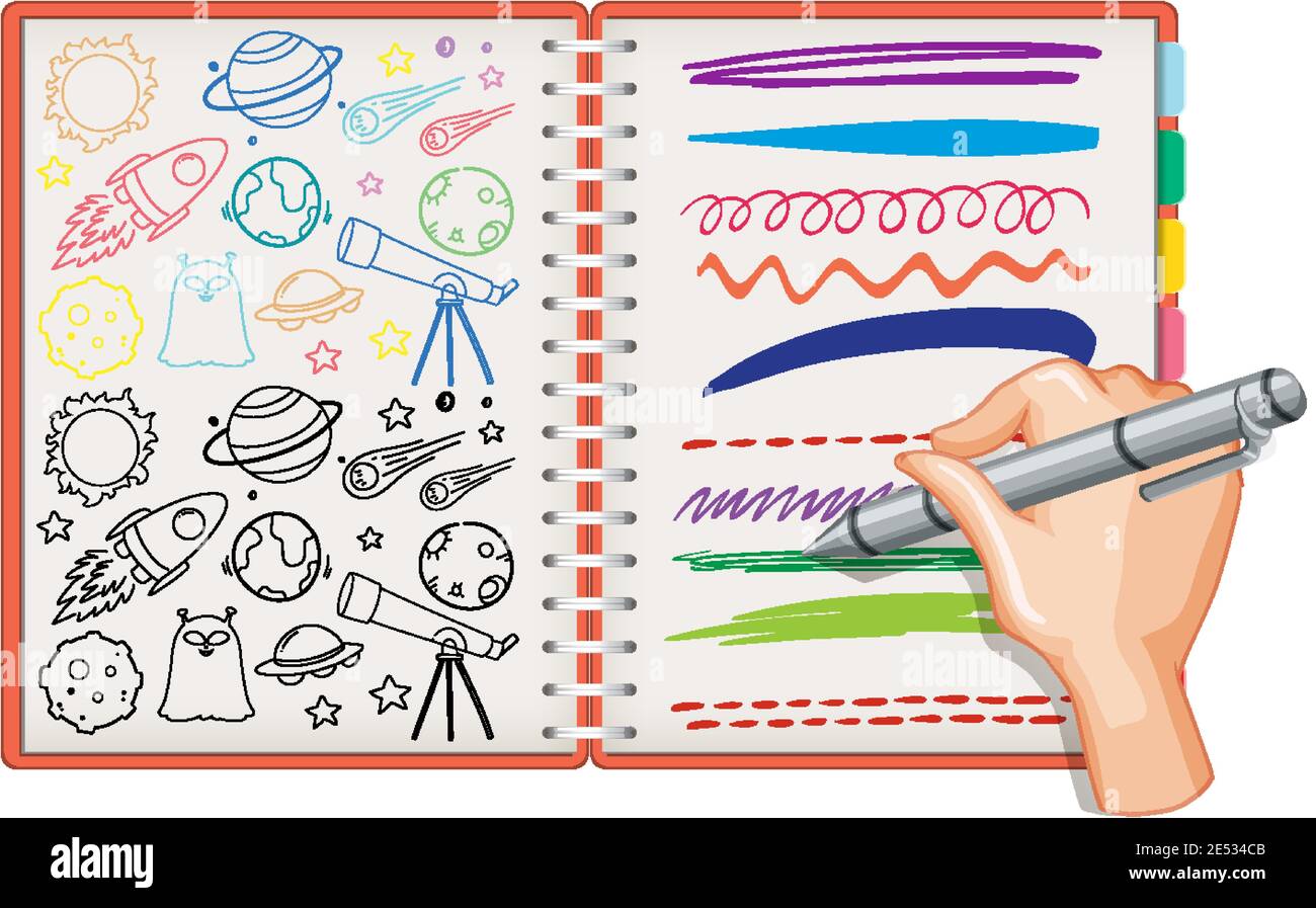 Doodle dell'elemento spaziale del disegno a mano sull'illustrazione del notebook Illustrazione Vettoriale