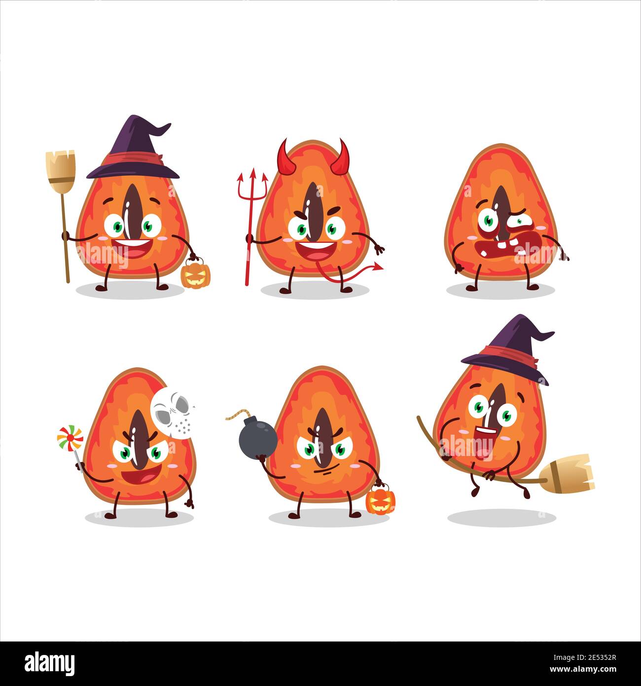 Emoticon di espressione di Halloween con carattere cartoon di fetta di mamey. Illustrazione vettoriale Illustrazione Vettoriale