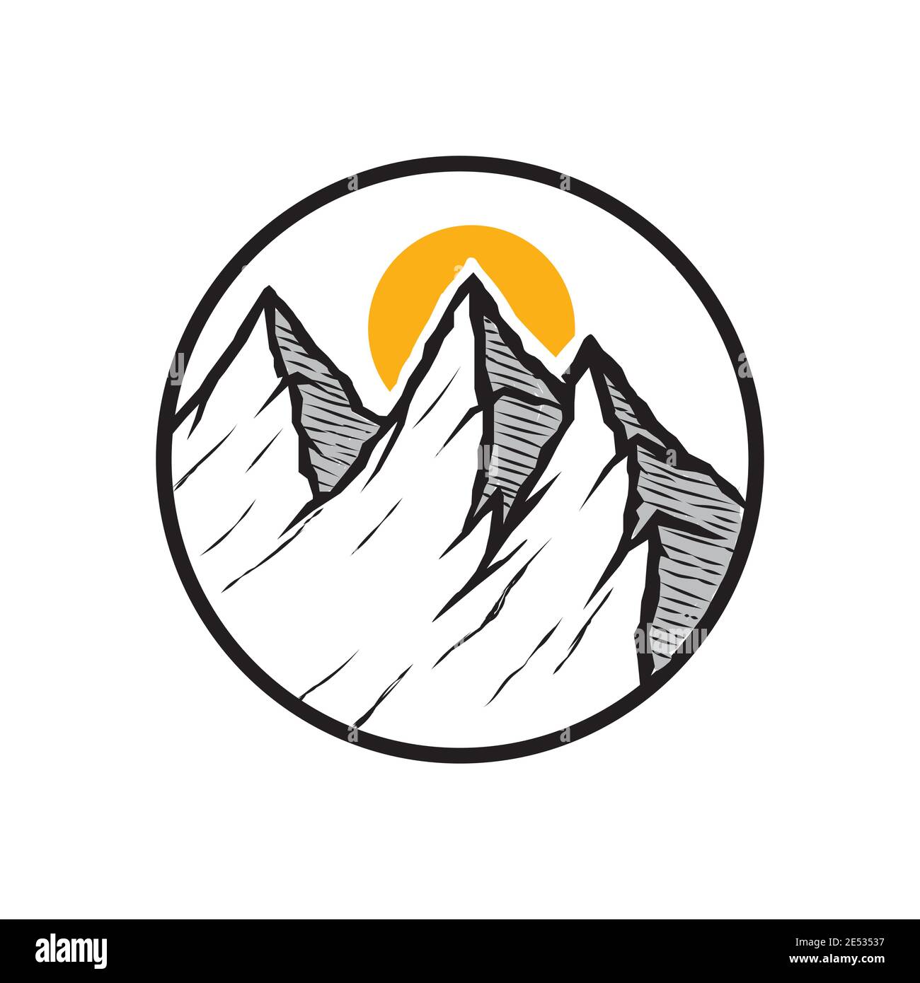 Vista della montagna in un vettore di illustrazione emblema circolare Illustrazione Vettoriale